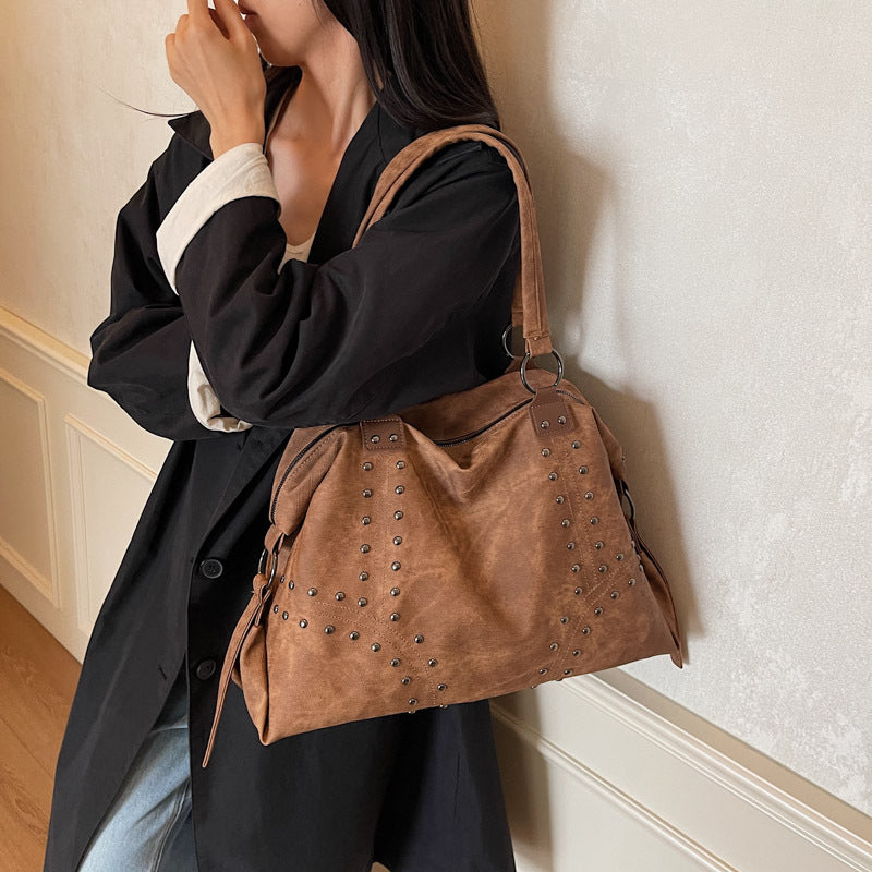 Large Studded Suede Shoulder Bag with Silver Hardware