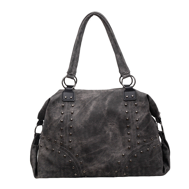 Large Studded Suede Shoulder Bag with Silver Hardware