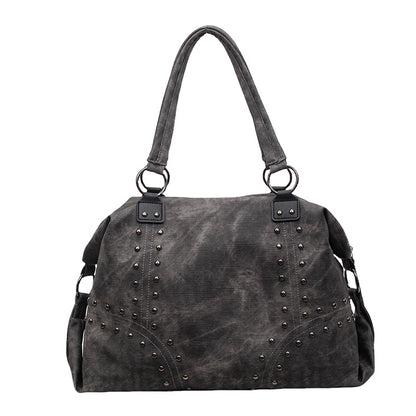 Large Studded Suede Shoulder Bag with Silver Hardware