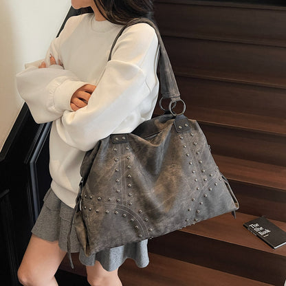 Large Studded Suede Shoulder Bag with Silver Hardware