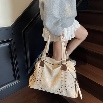 Large Studded Suede Shoulder Bag with Silver Hardware