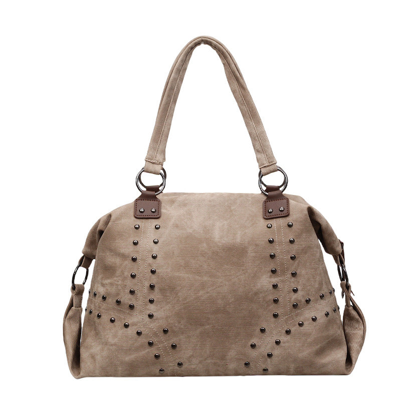 Large Studded Suede Shoulder Bag with Silver Hardware
