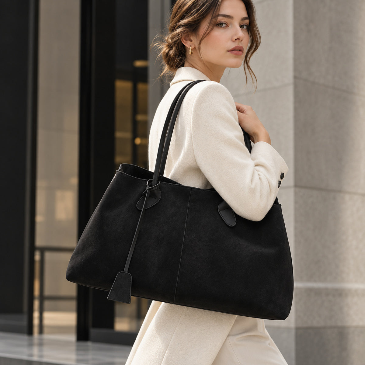 Large Suede Shoulder Bag with Knot Strap Detail
