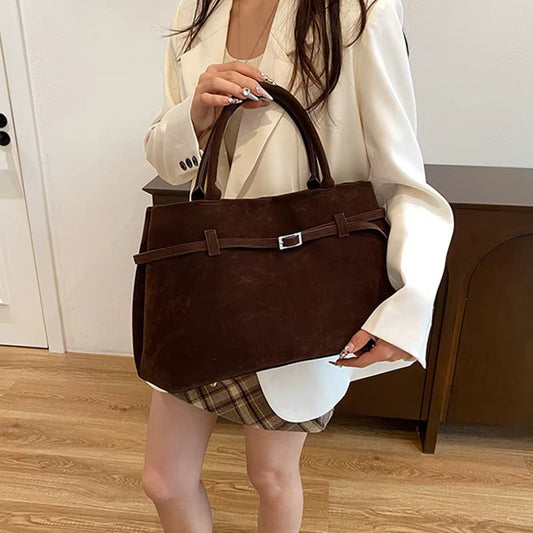 Large Suede Shoulder Bag with Silver Buckle Detail