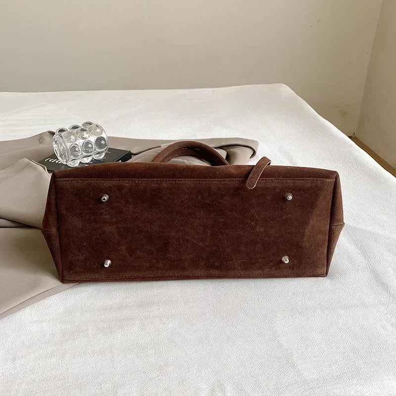 Large Suede Shoulder Bag with Silver Buckle Detail