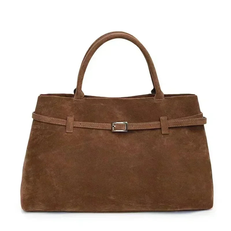 Large Suede Shoulder Bag with Silver Buckle Detail