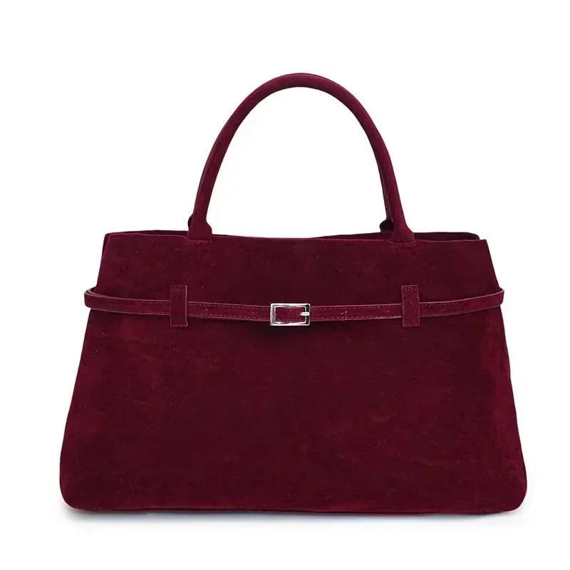 Large Suede Shoulder Bag with Silver Buckle Detail