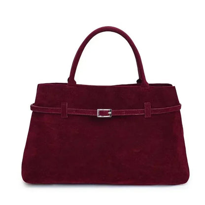 Large Suede Shoulder Bag with Silver Buckle Detail