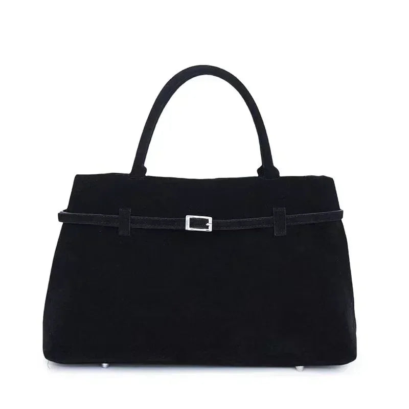 Large Suede Shoulder Bag with Silver Buckle Detail