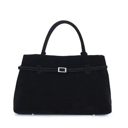 Large Suede Shoulder Bag with Silver Buckle Detail