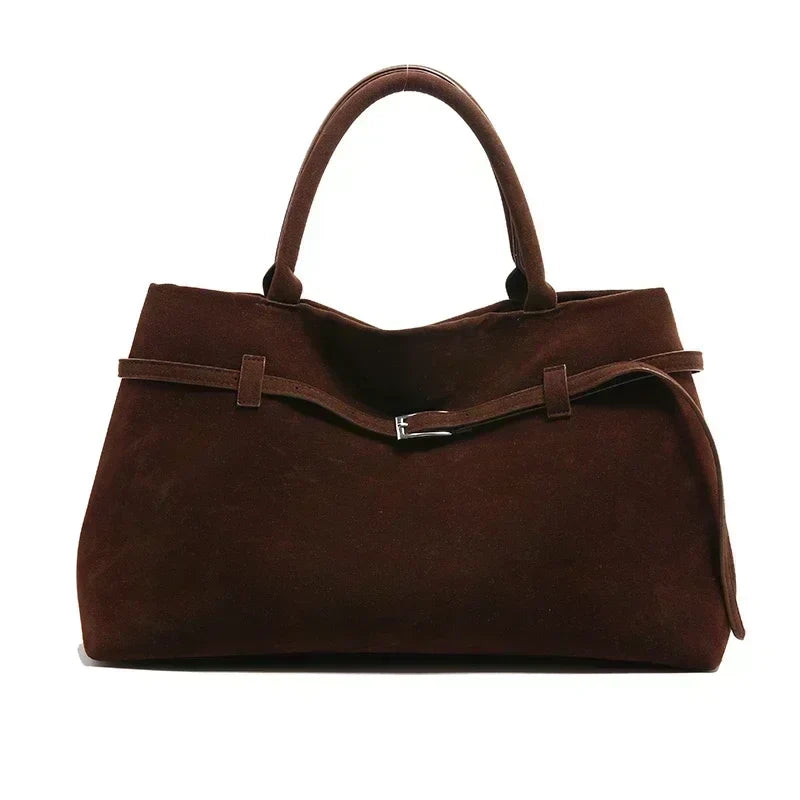 Large Suede Shoulder Bag with Silver Buckle Detail