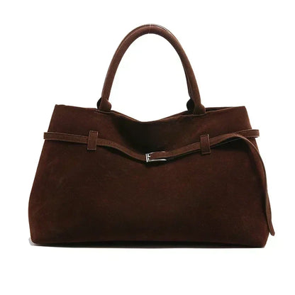 Large Suede Shoulder Bag with Silver Buckle Detail