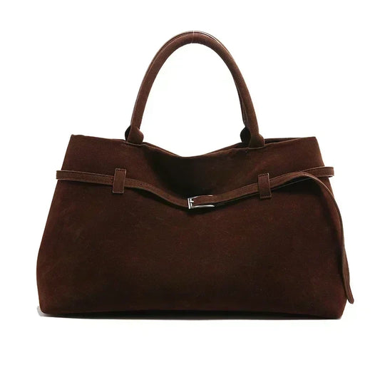 Large Suede Shoulder Bag with Silver Buckle Detail