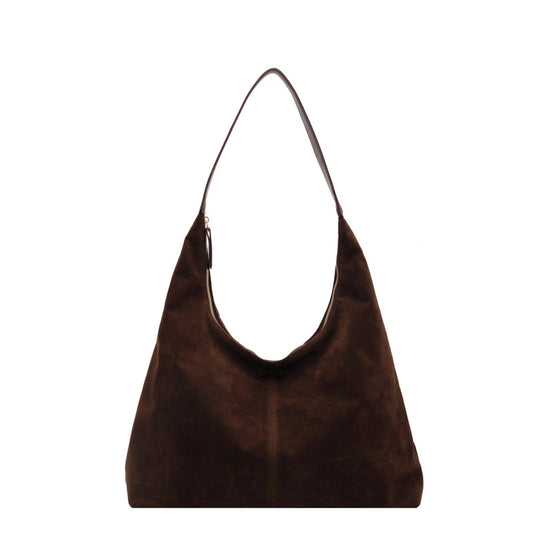 Large Suede Shoulder Bag with Zip Closure and Leather Strap