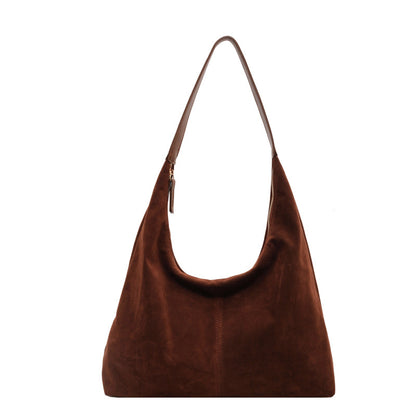 Large Suede Shoulder Bag with Zip Closure and Leather Strap