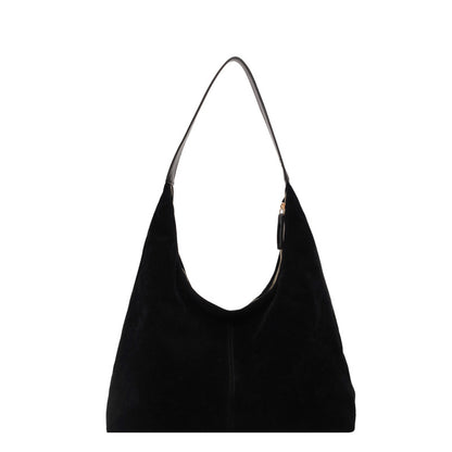 Large Suede Shoulder Bag with Zip Closure and Leather Strap
