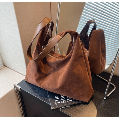 Large Suede Shoulder Bag with Zip Closure and Leather Strap
