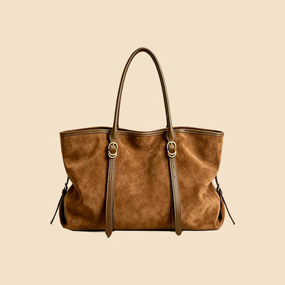 Large Suede Tote Bag with Gold Hardware and Leather Trim Straps