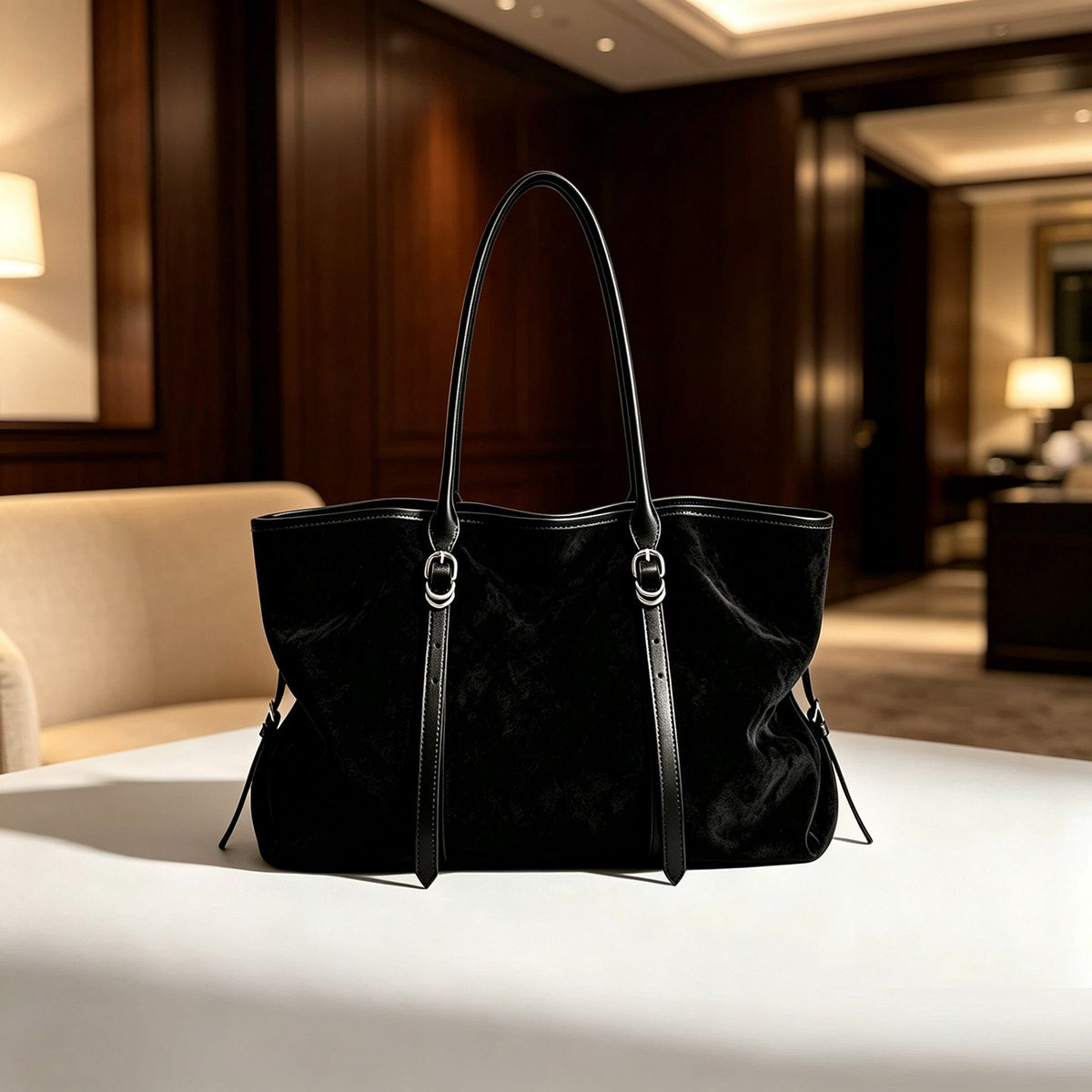 Large Suede Tote Bag with Gold Hardware and Leather Trim Straps
