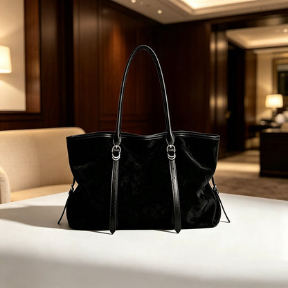 Large Suede Tote Bag with Gold Hardware and Leather Trim Straps