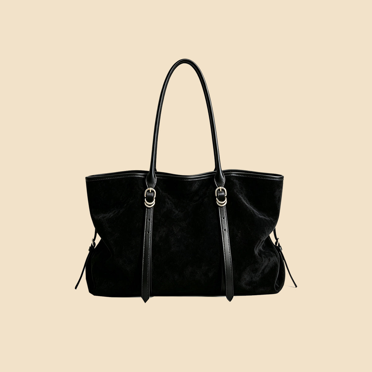 Large Suede Tote Bag with Gold Hardware and Leather Trim Straps