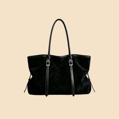 Large Suede Tote Bag with Gold Hardware and Leather Trim Straps