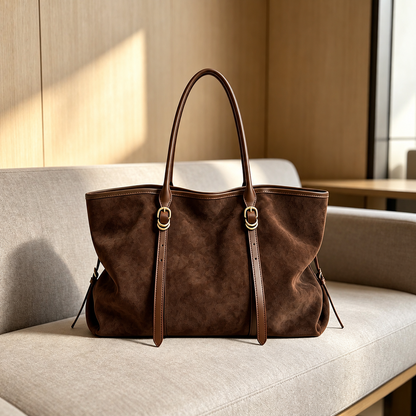 Large Suede Tote Bag with Gold Hardware and Leather Trim Straps