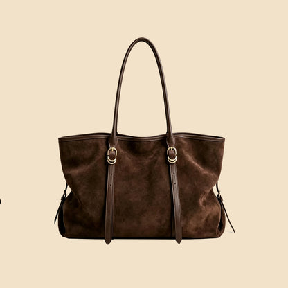 Large Suede Tote Bag with Gold Hardware and Leather Trim Straps