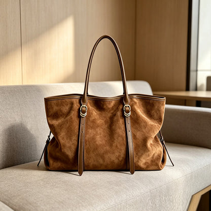 Large Suede Tote Bag with Gold Hardware and Leather Trim Straps