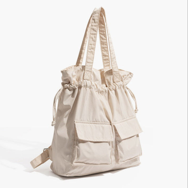 Large Tote Bag with Drawstring Top and Cargo Pockets
