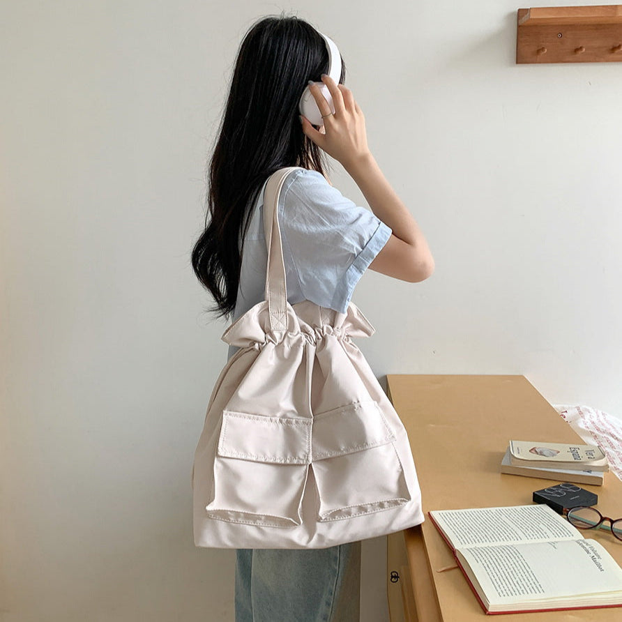Large Tote Bag with Drawstring Top and Cargo Pockets
