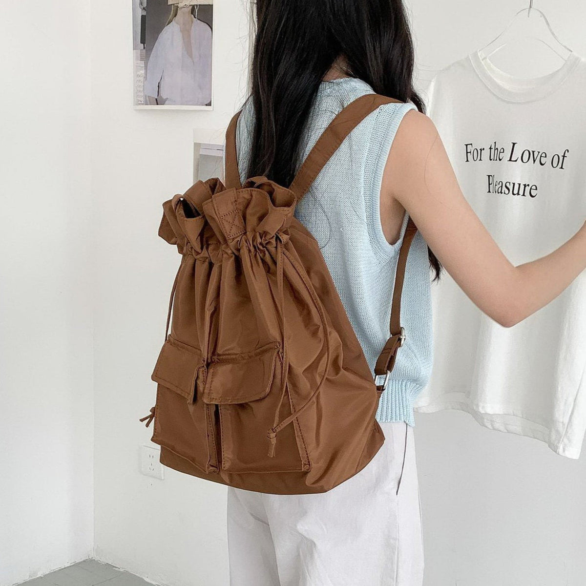 Large Tote Bag with Drawstring Top and Cargo Pockets