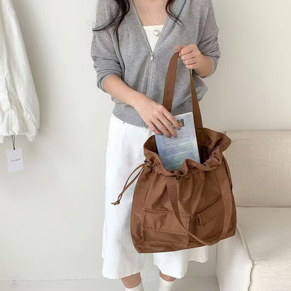 Large Tote Bag with Drawstring Top and Cargo Pockets