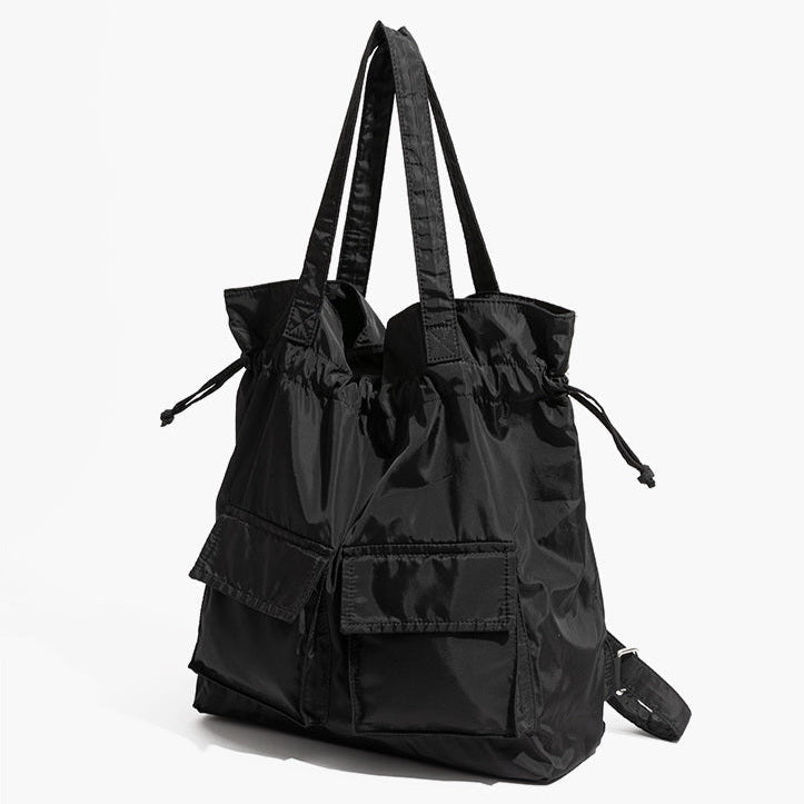 Large Tote Bag with Drawstring Top and Cargo Pockets