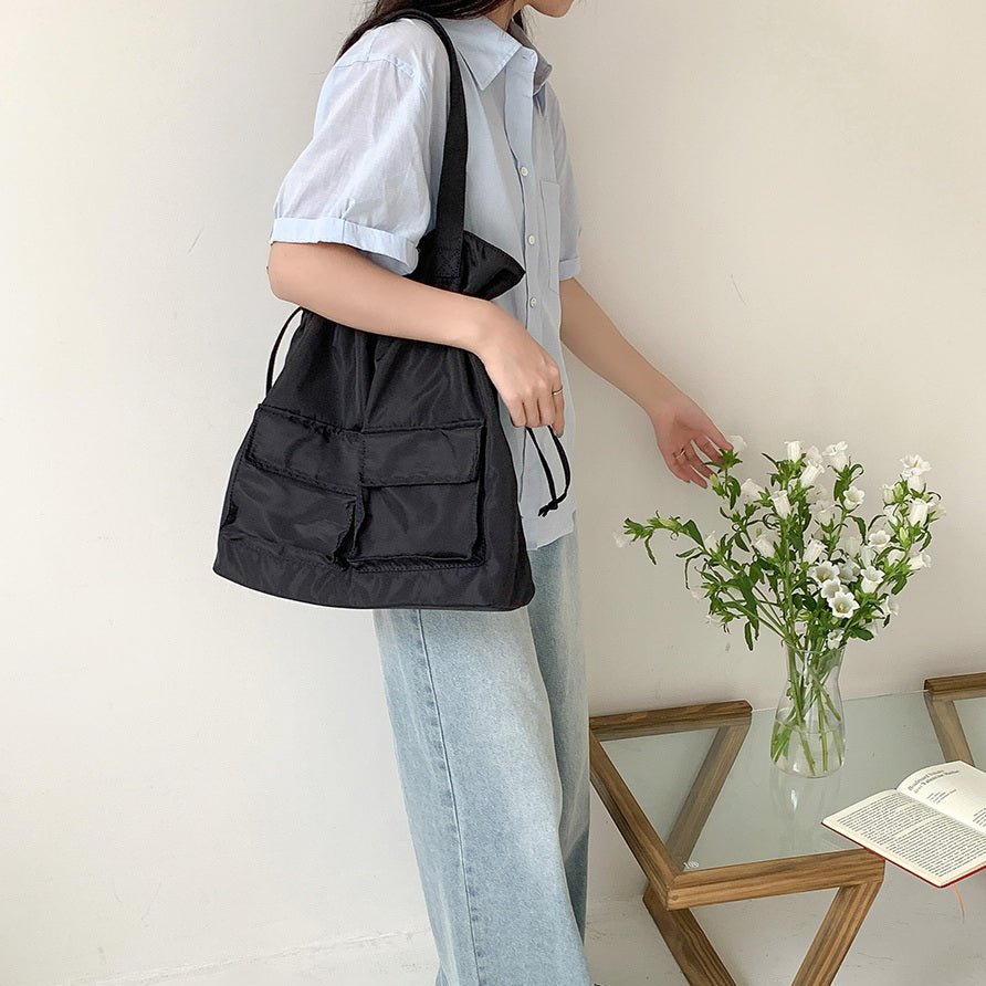 Large Tote Bag with Drawstring Top and Cargo Pockets