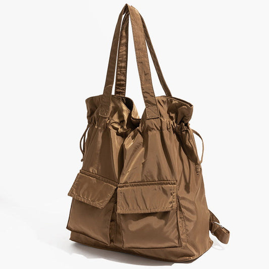 Large Tote Bag with Drawstring Top and Cargo Pockets