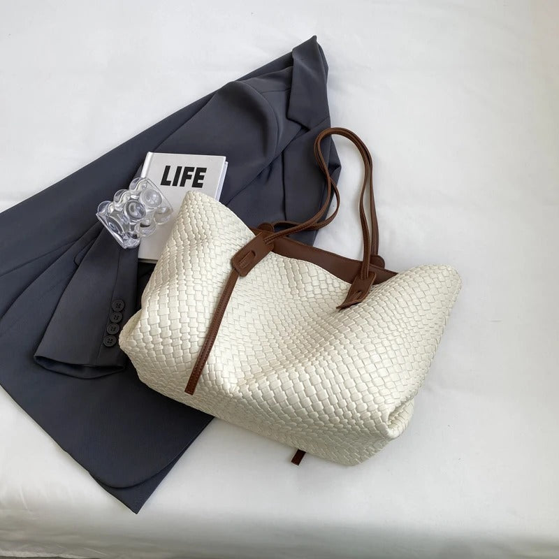 Large Woven Leather Tote Bag with Contrast Brown Handles
