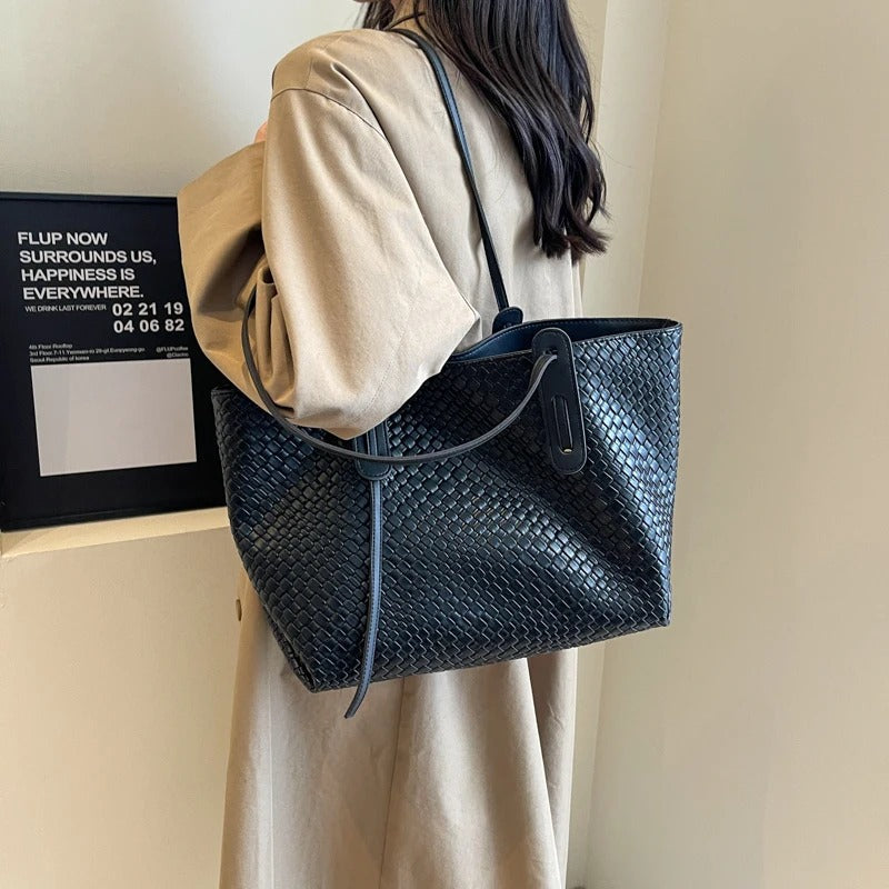 Large Woven Leather Tote Bag with Contrast Brown Handles