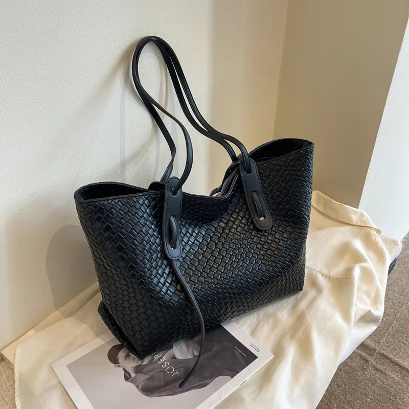 Large Woven Leather Tote Bag with Contrast Brown Handles