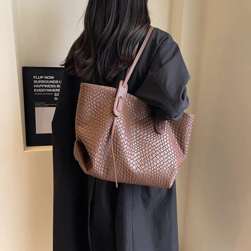 Large Woven Leather Tote Bag with Contrast Brown Handles