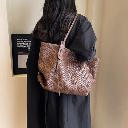 Large Woven Leather Tote Bag with Contrast Brown Handles