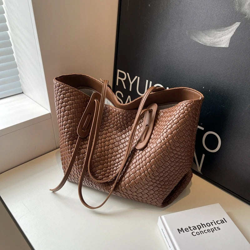 Large Woven Leather Tote Bag with Contrast Brown Handles
