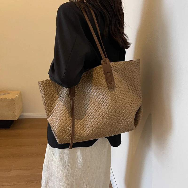 Large Woven Leather Tote Bag with Contrast Brown Handles