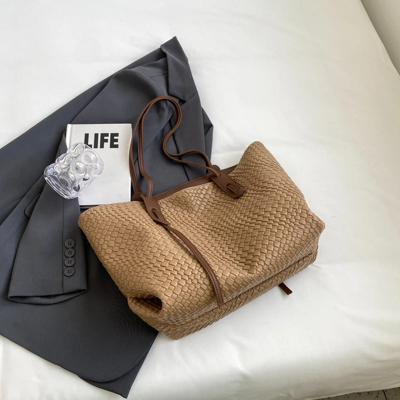 Large Woven Leather Tote Bag with Contrast Brown Handles