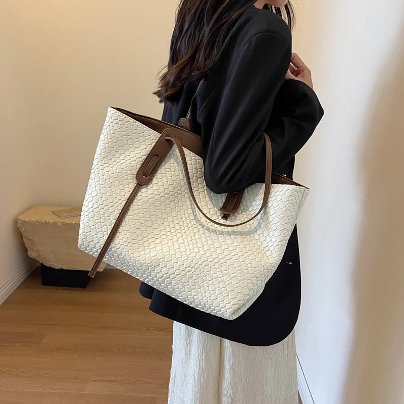 Large Woven Leather Tote Bag with Contrast Brown Handles