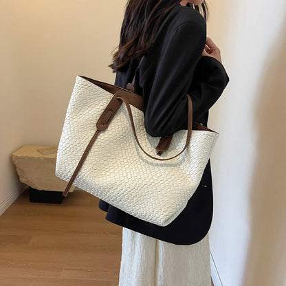 Large Woven Leather Tote Bag with Contrast Brown Handles