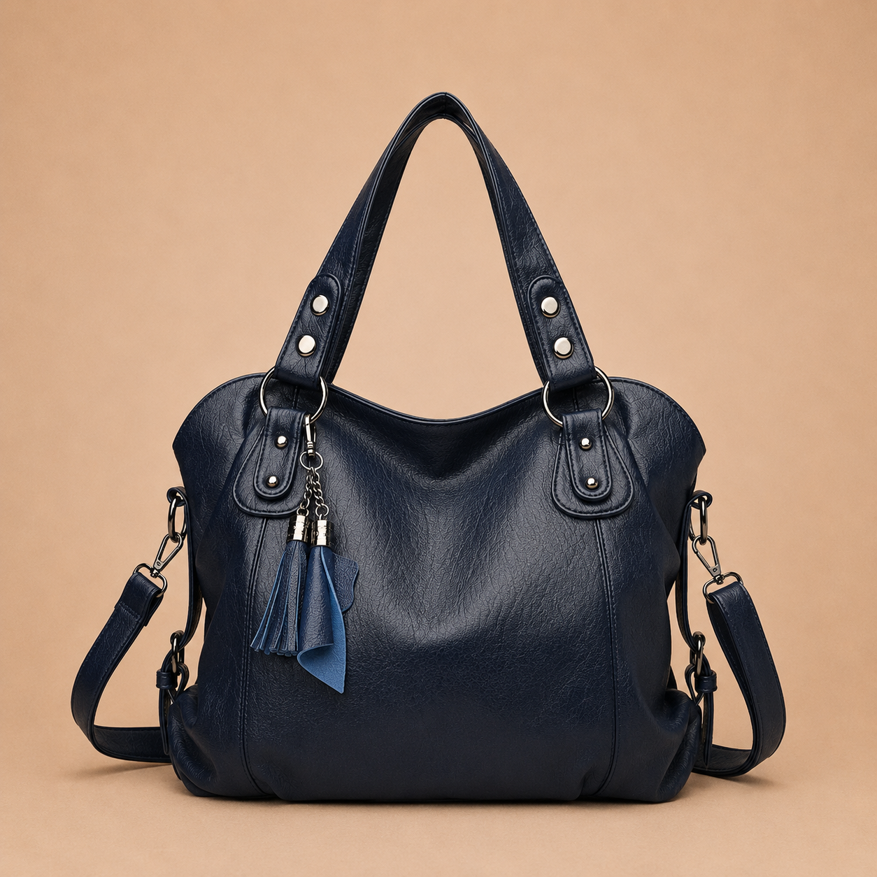 Large Leather Tote Bag with Tassel Charm