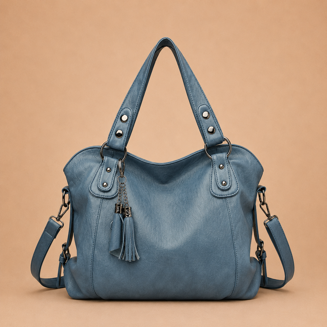 Large Leather Tote Bag with Tassel Charm