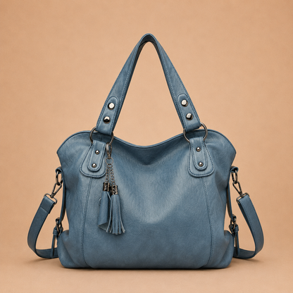 Large Leather Tote Bag with Tassel Charm