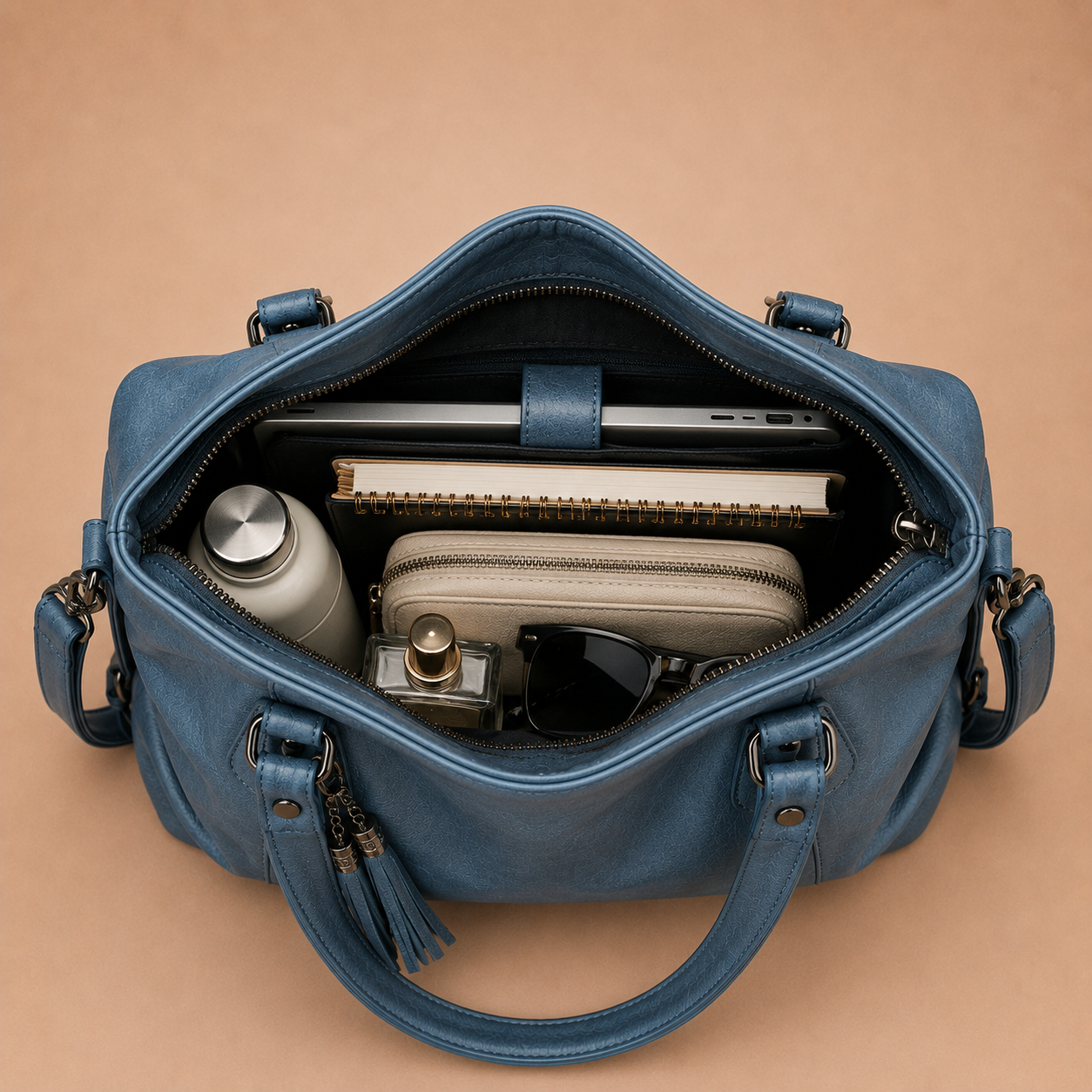 Large Leather Tote Bag with Tassel Charm